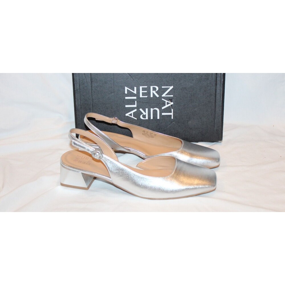 Naturalizer Women's Jayla Leather Low Slingback Heeled Sandals Silver NIB SZ 12